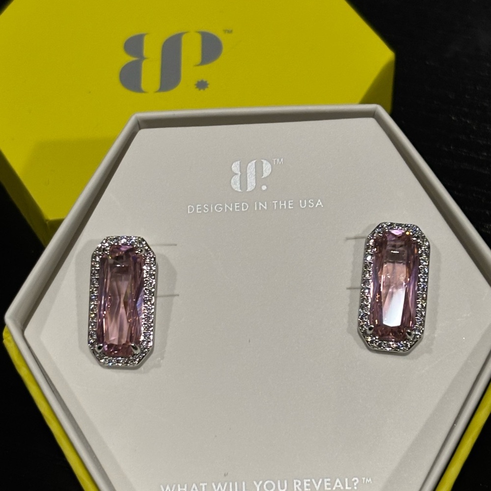 Pink and Silver Rectangular Halo Earrings